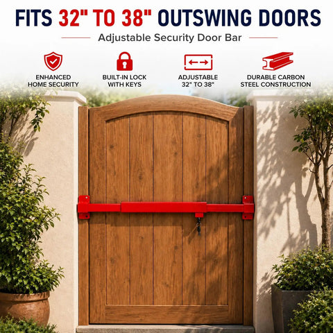 Built Tough Carbon Steel Door Security Bar, Locks Down Solid In 32 To 38 Inches, heavy duty adjustable door brace with key lock.