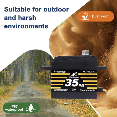 Waterproof 35Kg Beefy High Torque Metal Gear Digital Servo Motor for RC Cars, shown dustproof and for harsh environments.