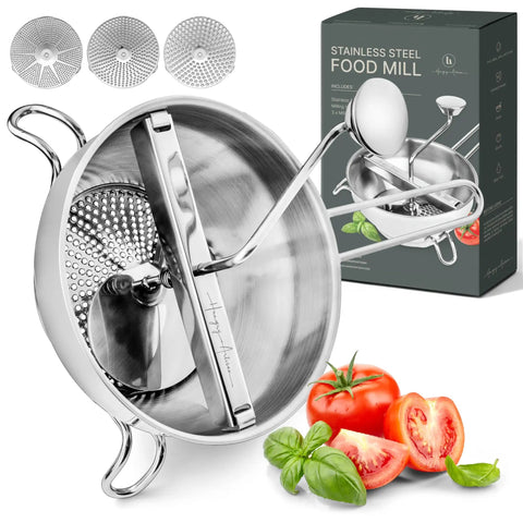 Ergonomic Hand Crank Food Mill With 3 Stainless Steel Discs For Tomato Sauce Applesauce Baby Food Mashed Potatoes Puree And Canning Smooth Texture From Fine To Coarse No Fuss Kitchen Essential For Home Cooks, featuring stainless design and packaging, with included discs displayed.