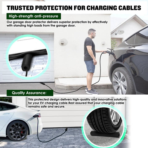 Person charging electric vehicle with EV Cable Protector Pass Through for Garage Door Heavy Duty Rubber Guard 19mm Inner Diameter Weather Resistant for Tesla and Most EV Cables Durable Cable Shield to Prevent Door Damage 1 Pack protecting cables under door.
