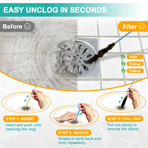 50 Inch Drain Snake 3 Pack Reusable Clog Remover For Kitchen And Bathroom Drains Ultra Slim And Unbreakable Reach Deep Blockages Through Tight Pipes No Snags, drain cleaning steps