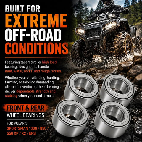 Complete Front And Rear Wheel Bearing Kit Four Heavy Duty Hub Assemblies To Fix Your Rig Stop The Rumble And Keep Your Ride Smooth On Every Trail, showing four hub bearings for ATVs.