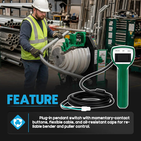 Rigged Up Greenlee 555C And 854 Quad Bender Electric Conduit Pipe Wire Puller Pendant Control Switch With Cables in use, showcasing flexibility and control.