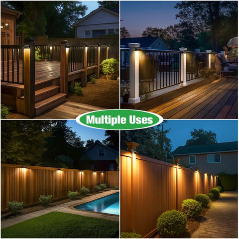 Solar Fence Lights 12 Pack With 8 Lighting Modes Warm White Cool White RGB installed on patio railing, fence, and walkway