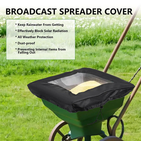 Two Pack Broadcast Spreader Covers With PVC Window on green spreader in garden, blocking rain and debris, size 25.9 x 25.9 inches
