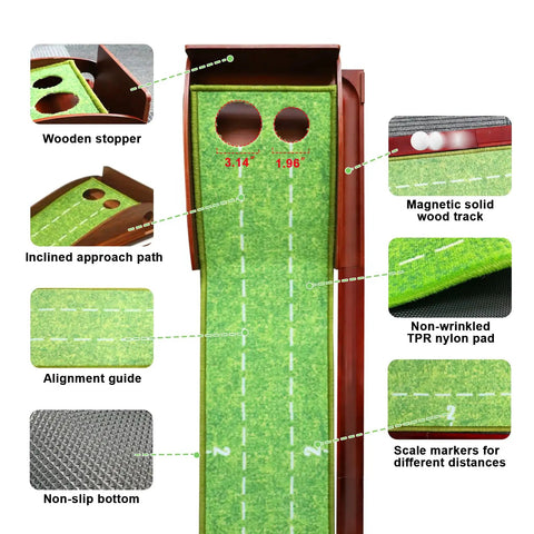 Indoor Outdoor Golf Putting Mat With Ball Return For Home Office Backyard Practice Green Training Includes Putter And Five Balls 9.84 Feet Long Ideal For Casual Sessions And Serious Putting Practice At Home Or In The Office, showing details of wooden stopper, magnetic track, and alignment guide on green turf surface with scale markers.