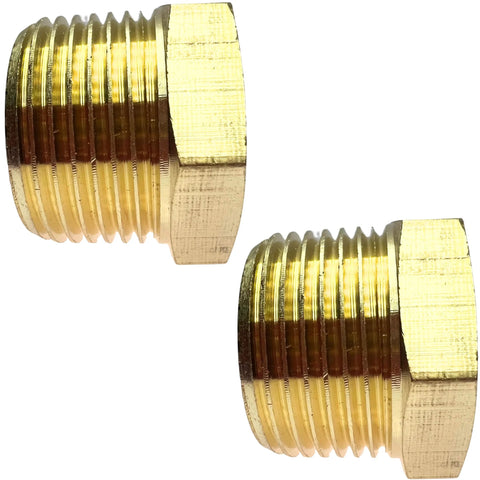Two brass NPT reducer adapter hex bushings for DIY plumbing.