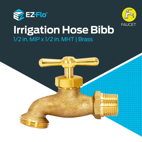 Brass Irrigation Hose Bibb Spigot 1/2 Inch MIP X 1/2 Inch MHT Outdoor Garden Valve with zinc handle on blue background
