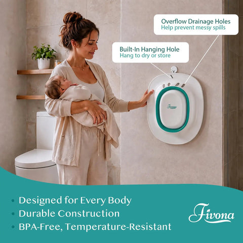 Super Comfy Foldable Sitz Bath Insert For Postpartum Recovery And Hemorrhoid Relief With Heat Resistant Epsom Salt Soak Basin on wall with infant.