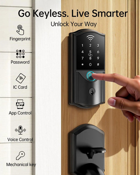 Built In WiFi Smart Lock With Handle Set Keyless Entry Front Door Lock featuring a user pressing the keypad on a wooden door.