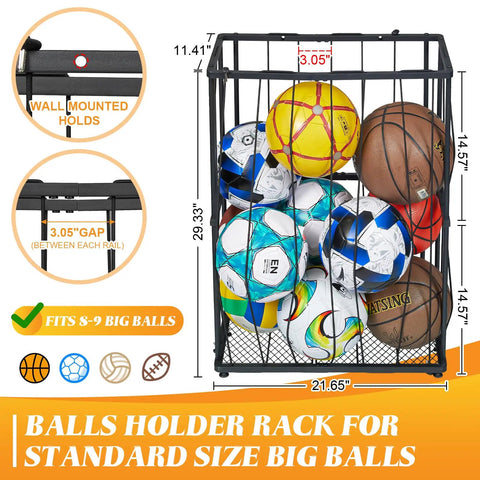 Heavy Duty Garage Ball Storage Rack With No Fuss Elastic Strap Wall Mount Or Floor Stand Option For Basketball Soccer Football Volleyball Gear In Matte Black showing 8-9 standard size balls organized.