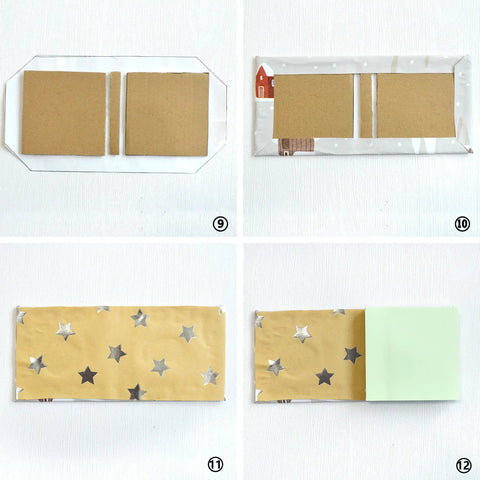 Four stages of using the Six Piece Bookbinding Template Kit For Scrapbooking Beginners, Stencil And Cutter Guide Set For Notebooks.