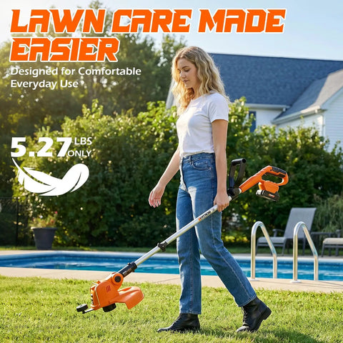 Person using Electric Cordless Weed Wacker Trimmer With 9000RPM Cutting Head Battery Powered Lawn Edger in garden