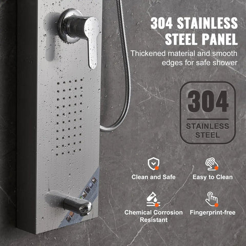 Slick Stainless Steel Shower Panel Tower Featuring Five Kickass Spray Modes, close-up of 304 stainless steel panel with smooth knob control.