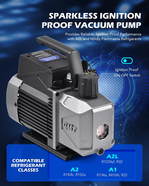 Orion Motor Tech A2L AC vacuum pump with gauge, front view, silver housing, black handle