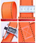 Close-up of orange webbing detail and ruler for Rugged Cargo Lifting Net For Secure Transport And Construction Tasks 200x200 Cm 2 Ton Capacity 15 Cm Grid Versatile Load Securing Net That Snaps Right On Built Tough For Heavy Equipment And Materials