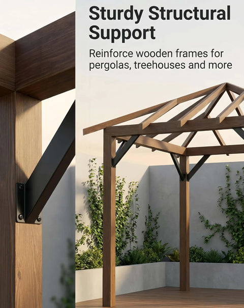 Heavy Duty Pergola Brackets Kit Four Pack Steel Corner Connectors 45 Degree Angle Support Brackets for Wooden Structures Like Treehouse Gazebo Patio Deck and Cabin Tough As Nails All Weather Rust Resistant