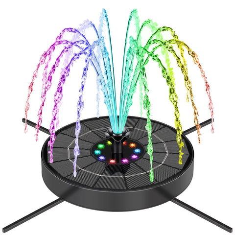 Solar Fountain Pump With 3 Spray Heights, Upgraded Glass Panels And Led Lights, 6 Nozzles, multicolored water jets and LED lights