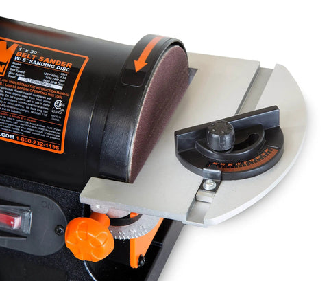 Close-up of the Two-In-One Benchtop Belt And Disc Sander That Is A Real Workhorse with 5 Inch Disc and heavy duty base.