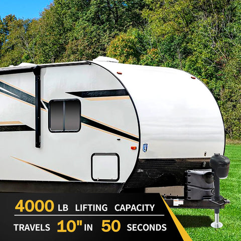 12V Electric A Frame Trailer Tongue Jack With 7 Way Plug, 4000 Lb Lift Capacity beside a travel trailer in a field
