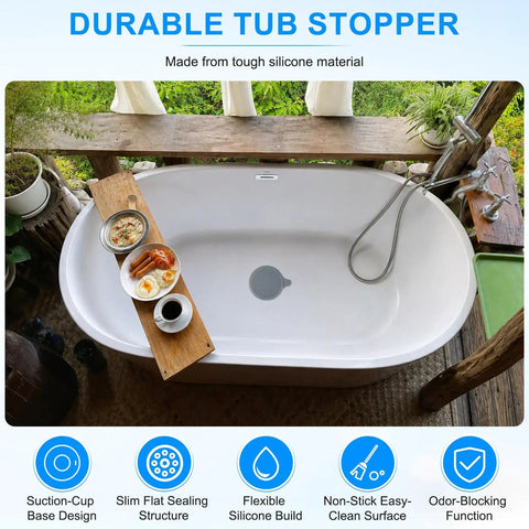 M METERXITY 2-Pack 5.9 in Silicone Tub Stopper in use in a modern bathtub with food displayed.