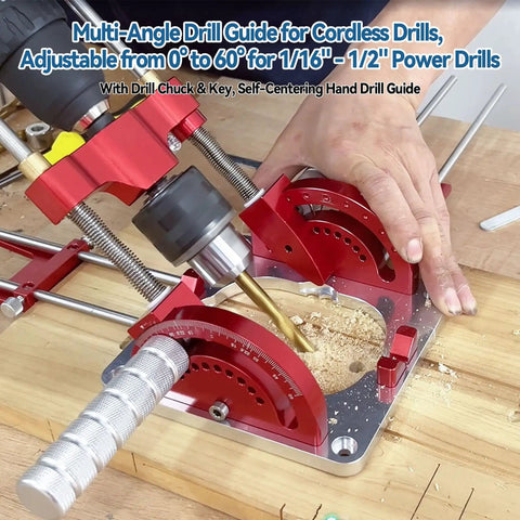 Portable Drill Guide For Dead Nuts Straight And Angled Holes Up To Sixty Degrees sharp drilling into wood with precision tools.