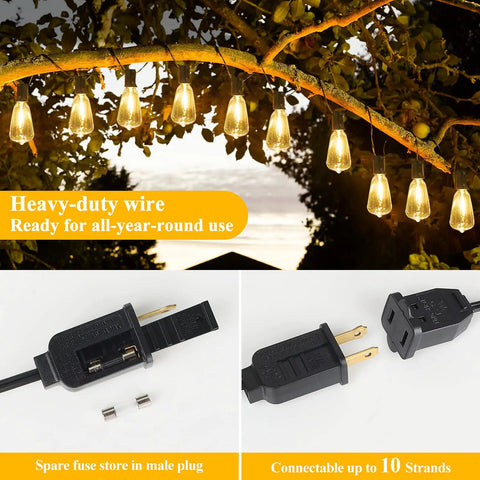 150Ft Outdoor Edison String Lights With 77 Dimmable ST38 LEDs, shatterproof bulbs hanging on a tree branch at sunset.