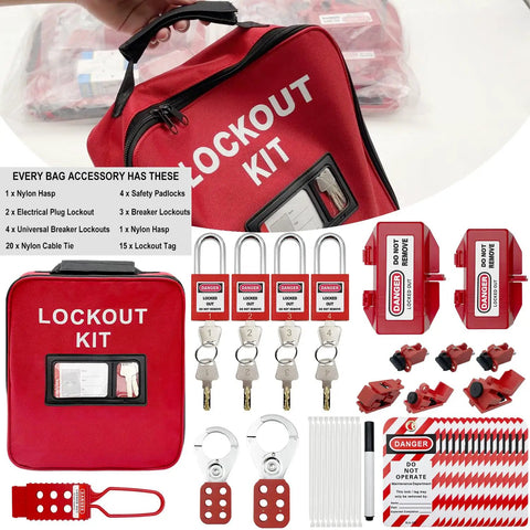 Three In One Lockout Tagout Kit For OSHA Safety Compliance With Clamp On Circuit Breaker Locks Hasps Tags Cable Ties Pouch