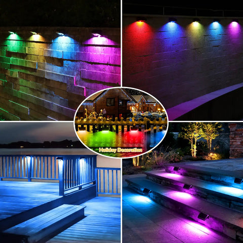 Eight Pack Solar Fence Lights With Warm White And RGB, 10 Lighting Modes, illuminating fence, wall, deck, steps at night