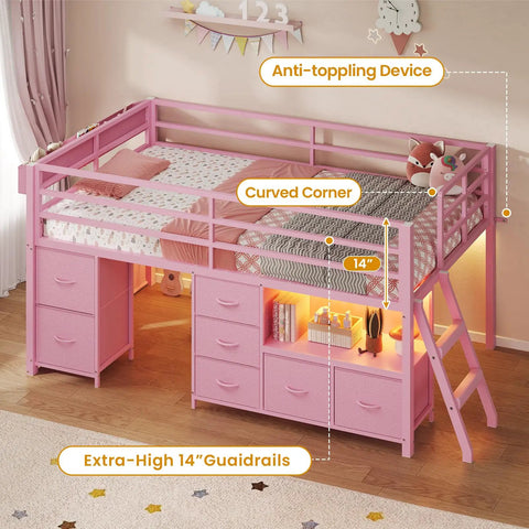Twin Size Low Loft Bed With 7 Storage Drawers, Bookcase, And LED Lights, Metal Kids Loft Bed With 14 Inch Guardrail, Inclined Ladder, Play Curtain, Under-Bed Play Space, Pink