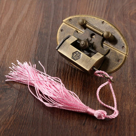 Antique Brass Key Hasp Lock For Wooden Boxes And Cabinets, Vintage Bronze Toggle Latch Hardware, pink tassel detail, 63x42mm
