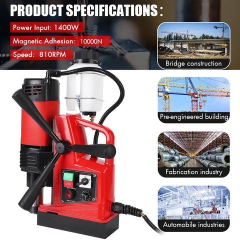 Portable Magnetic Drill Press With 1400W Motor, 2 Inch Bore Size, Dual Rail, With Six Piece Bit Set, showing specifications and uses.