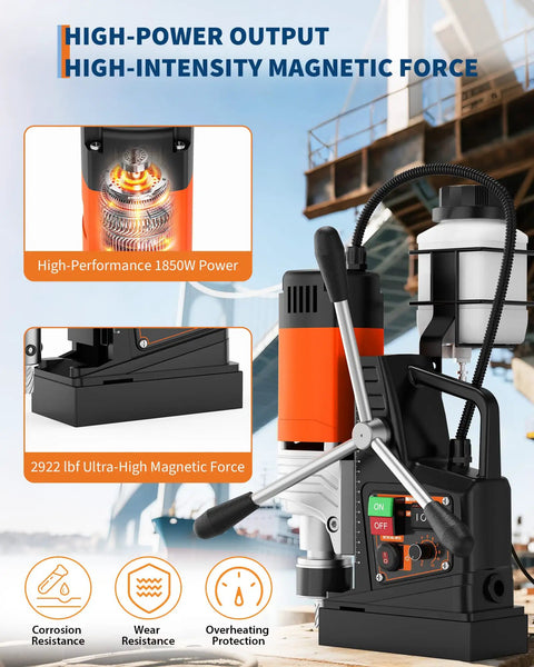 2 Inch Magnetic Drill Press with 1850W Power Forward Reverse Tapping Heavy Duty Mag Drill for Steel and Metal Fabrication High Torque 810 RPM Burr Free Holes Industrial Grade Drilling Kit showing detailed controls and performance features.