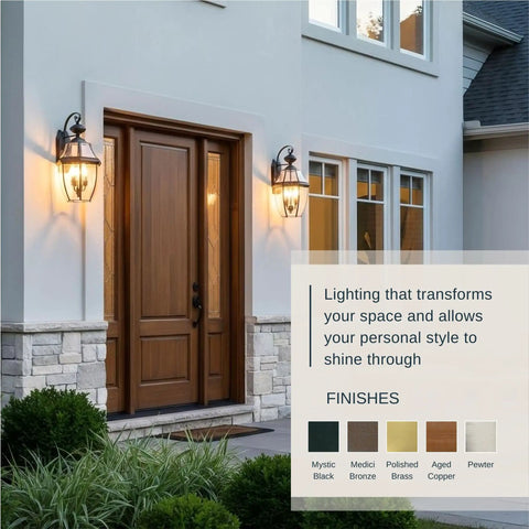 Newbury Outdoor Wall Lantern 12 Inch 1 Light Polished Brass Sconce With Clear Beveled Glass French Country Exterior Light For Porch Patio Garage Or Yard E26 Base Weatherproof Outdoor Lighting Fixture illuminating a modern entryway.