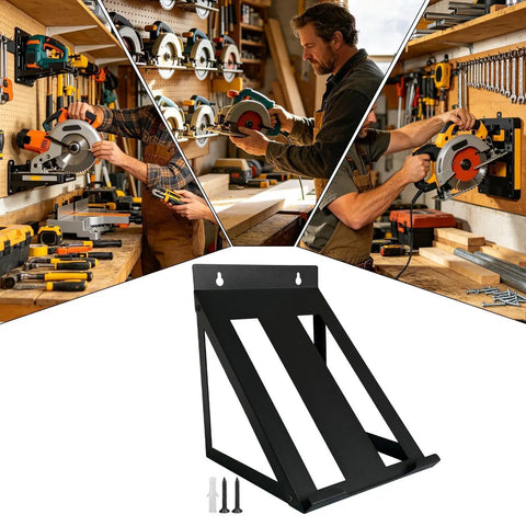 Heavy Duty Wall Mount Tool Organizer For Circular Saws And Power Tools, Space Saving Garage Holder displayed in use and installation setup