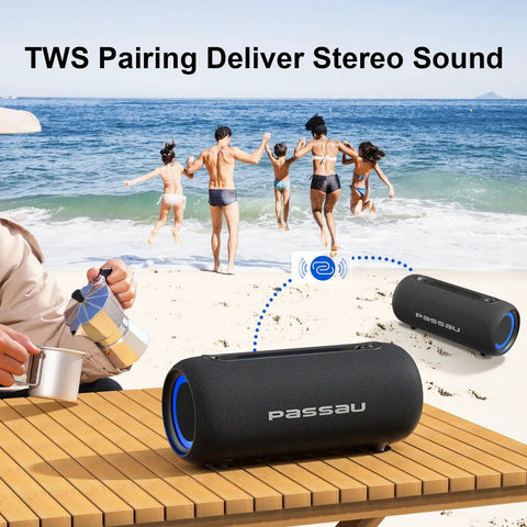 Beach scene with Passau portable Bluetooth speaker, TWS pairing, 40W peak power, deep bass, IPX5 water resistance, RGB lights.
