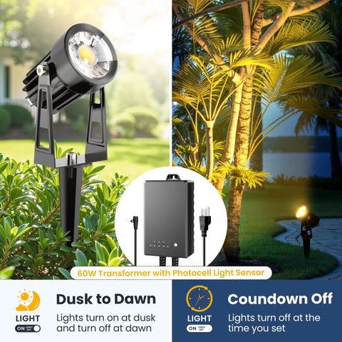 Close-up of outdoor low voltage landscape lighting kit spotlight and 60W transformer in garden at dusk and dawn.