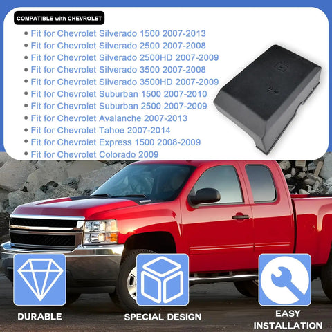 Heavy Duty Engine Wiring Harness Junction Block Fuse Box Lid Direct Bolt Up For Chevrolet Silverado GMC Sierra Cadillac 2007 To 2013 displayed with red truck