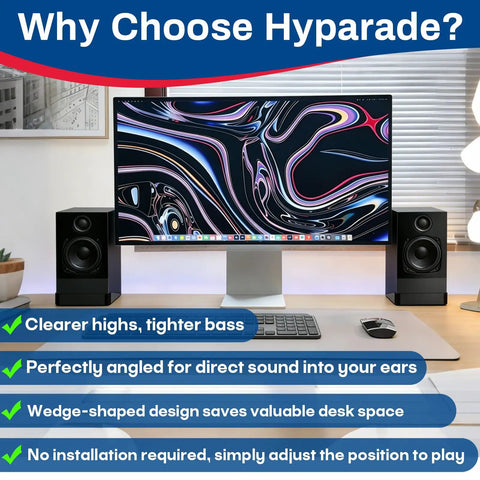 Pair Of Desktop Speaker Stands For Small Monitors With 16 Degree Tilt Wedge Shaped Riser And Shock Absorbing Foam setup
