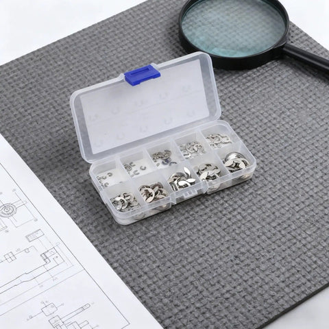 E Clip Circlip Retaining Ring Set In 304 Stainless Steel 120 Piece Assortment Kit With 12 Size Range From One Point Five Millimeter To Ten Millimeters