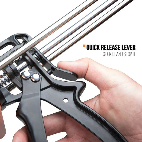 Hand holding Pro Grade 26 To 1 High Thrust Dual Component Cartridge Gun for 900 ml with quick release lever