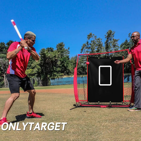 Backstop 4Ft By 6Ft Batting Cage Target Backdrop With Strike Zone in a field setting with players