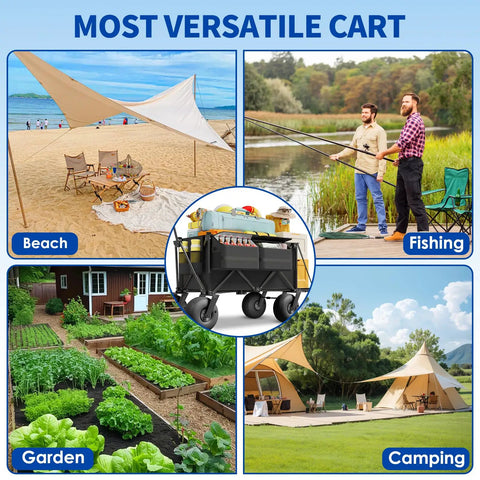 Heavy Duty Beach Wagon With 9 Inch All-Terrain Wheels, Collapsible Cart for fishing, camping, garden, and beach use.