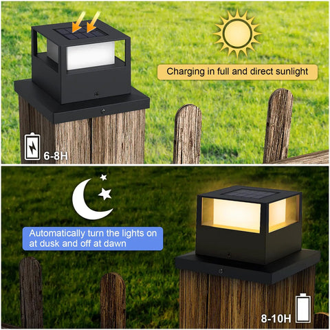 4 Pack Solar Post Cap Lights For 4x4 5x5 6x6 Fence Posts, 20 Lumen Warm White Waterproof LED Landscape Lighting on wood post