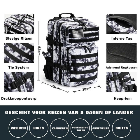 All In One Outdoor Survival Gear Set With Large Camping Backpack And First Aid Kit in camouflage pattern with dimensions