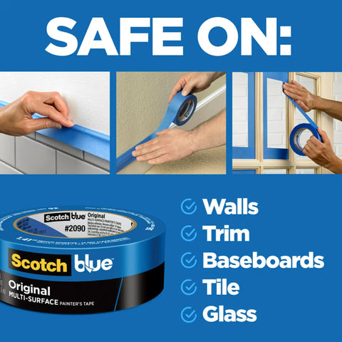 Images of Painter's Tape 1.88 Inch By 60 Yard Multi Surface With Medium Adhesive UV Resistant And Sunlight Safe Clean Removal In 14 Days used on walls, trim, and glass.