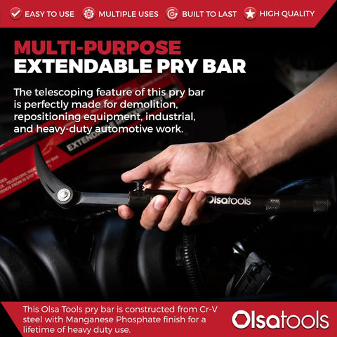 Heavy Duty Adjustable Pry Bar Extending 14 To 19 Inches With Multiple Angle Locking Design Tough As Nails Steel Build, in use for automotive work.