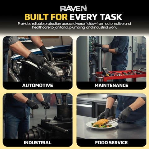 Raven black powder-free nitrile disposable gloves, 7 mil, shown in automotive, maintenance, industrial, and food service.