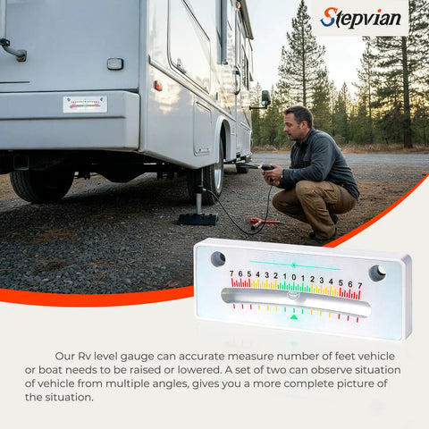 Man using Two RV Camper Bubble Level Kit With Pretty Slick Color Coded Gauge on RV for accurate leveling.