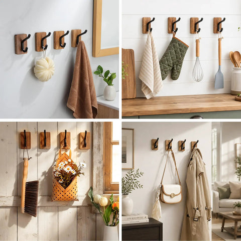 Rustic Wood Adhesive Wall Hooks Four Pack Heavy Duty Sticker Hangers Fits Coats Towels And Bags Smooth Farmhouse Look Easy Peel Stick Mount For Entryway Bedroom.
